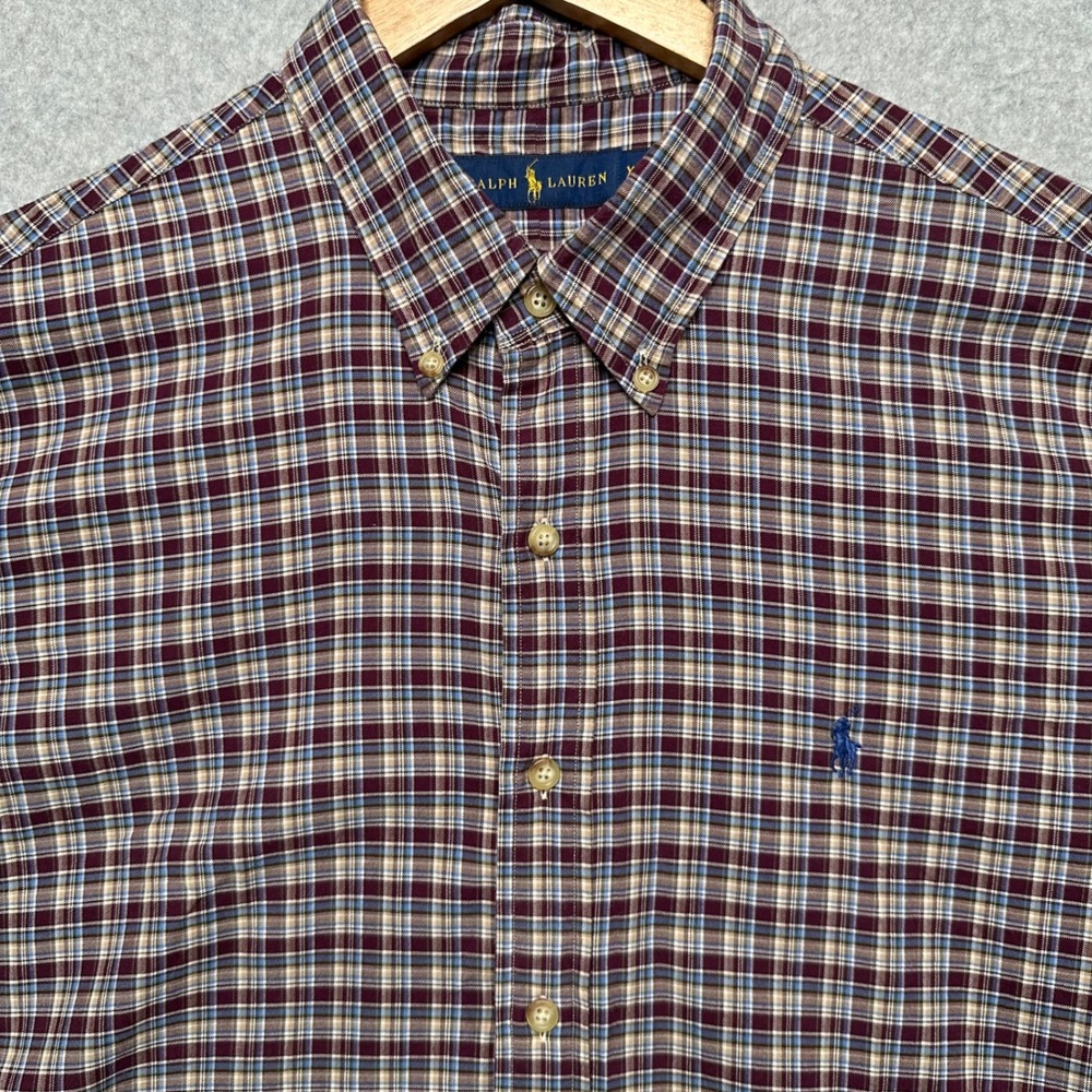 Ralph Lauren Mens‎ XL Plaid Button Down Shirt Burgundy Blue Long Sleeve Cotton